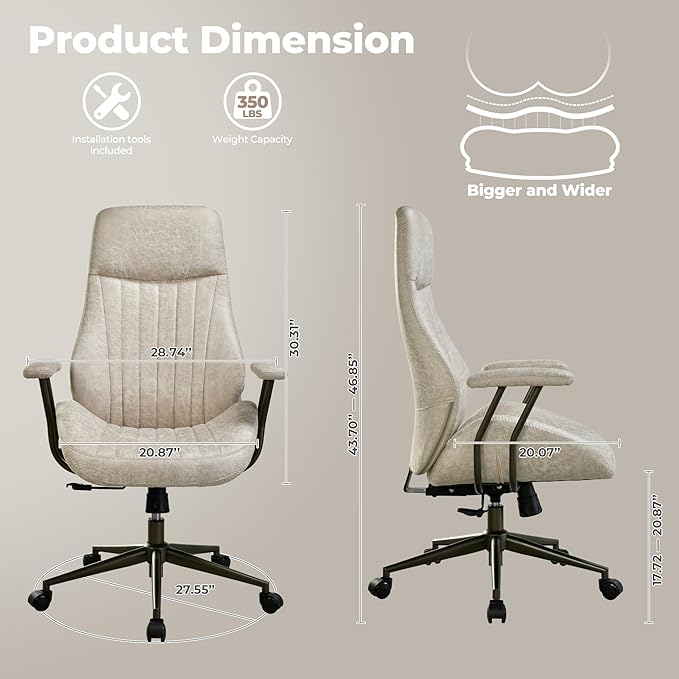 ovios Ergonomic Home Office Chair, Mid-Century Modern Faux Leather Chairs with Padded Armrests, Comfy High Back Swivel Rolling Executive Computer Armchair (Beige, Suede Leather)