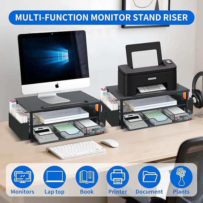 AUPSEN Wood Computer Monitor Stand Riser, 2-Tier Black Desk Organizer with Drawer, Pen Storage & Phone Holder ，Office Desk Accessories Desktop Organizer for Office Supplies