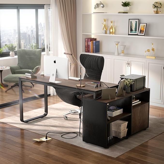 Homieasy L Shaped Desk with File Cabinet & Power Outlet, Reversible 55 Inch Large Corner Computer Desks with LED Strip, L-Shaped Computer Desk with Drawers and Storage Shelves, Espresso