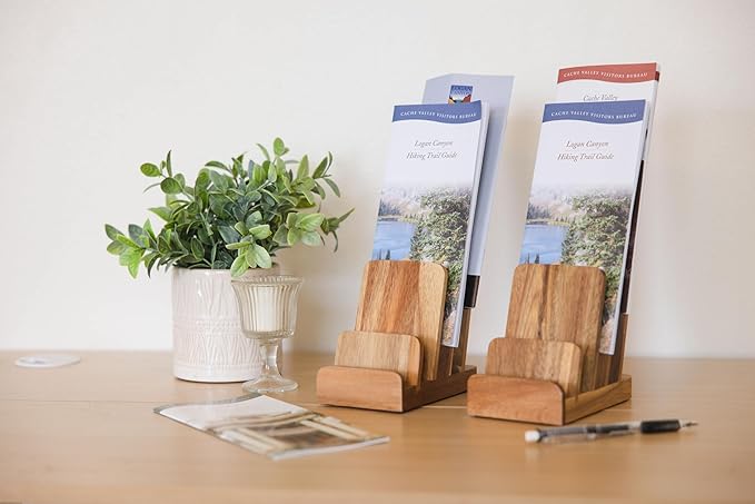 Brochure Holder - 4-Tier Acacia Wood Brochure Display Stand - Waterproof Flyer Stand w/Non-Slip Base - Handmade Flyer Holder for Flyer Display, Menu Holder, Pamphlet & Business Cards- [Pack of 1]