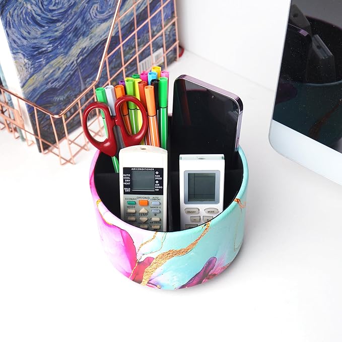 Round Leather Art Supply Organizer,Remote Control Holder,360-degree Rotating Pen Organizer with 4 Compartments(1-Red Green Splash Ink)