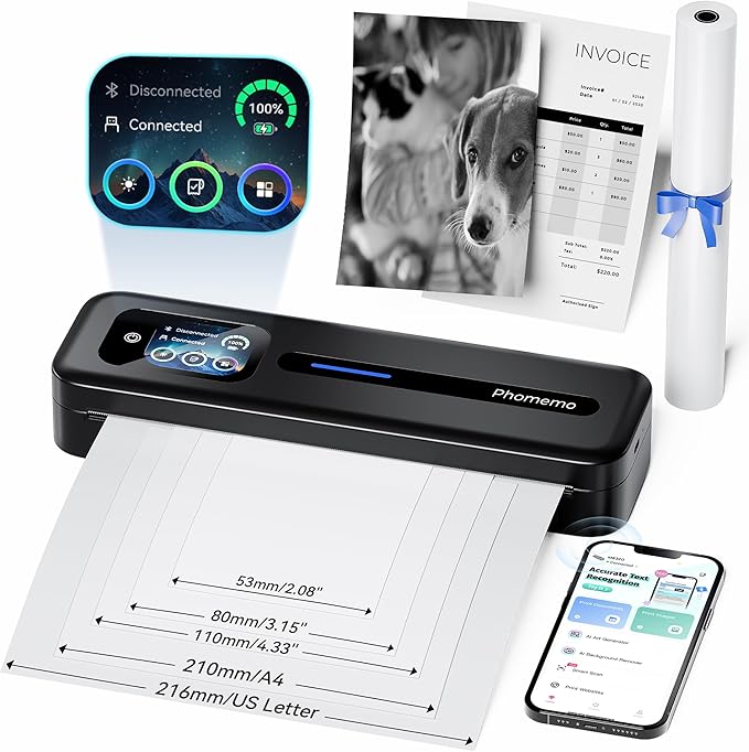Phomemo Upgraded Portable Printer with Touchscreen, M832D Bluetooth Wireless Thermal Inkless Printer, Supports 8.5"x11" US Letter & A4, Compatible with iOS, Android, PC for Travel, Black