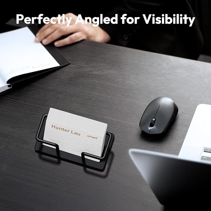 NIUBEE Acrylic Business Card Holder: Metal Business Card Display Stand for Desk - Frosted Gift Card Organizer for Office, Reception, Desktop (Black) - 2pack