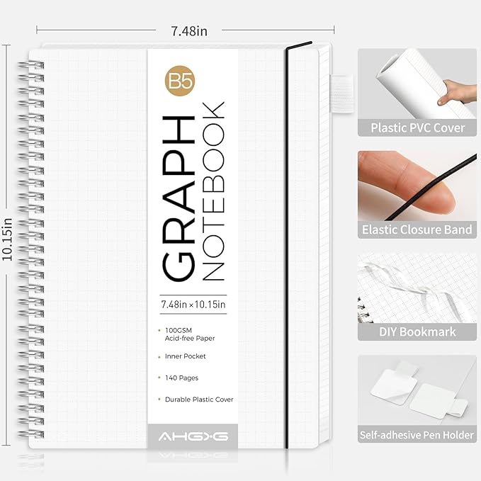 AHGXG Graph Paper Notebook - Spiral Notebook Journal 7.6" x 10", B5 Large Graph Notebook, 140 Pages, 100 gsm Thick Grid Paper, Waterproof Plastic Cover, for School Writing Engineering, Transparent