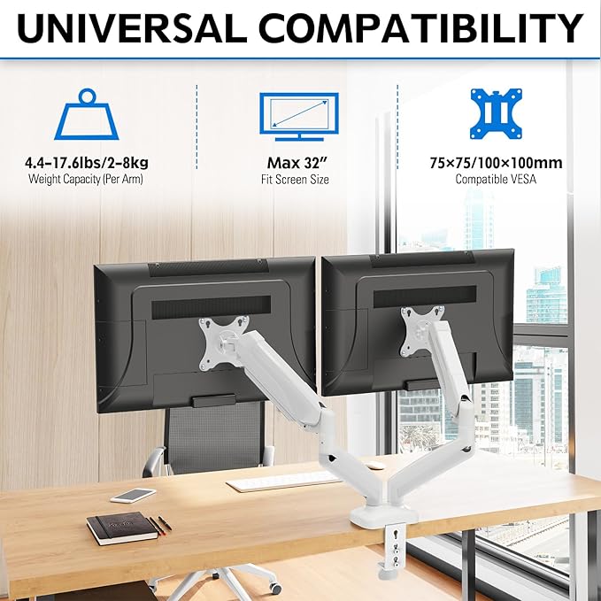 MOUNTUP Dual Monitor Stand for Desk, Pneumatic Monitor Arms for 2 Monitors Max 32 Inches, Height Adjustable Double Monitor Mount, VESA Mounts with C-Clamp & Grommet Base, Holds 4.4-17.6lbs, White