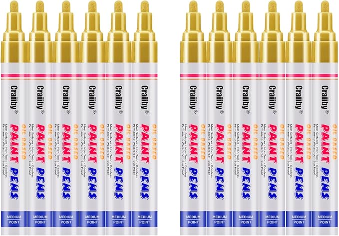 Paint Markers, 12 Pack Oil-Based Waterproof Quick Dry Permanent Paint Pen Set for Rocks Painting, Wood, Fabric, Plastic, Canvas, Glass, Mugs, Metal, Tire, Stone, DIY Craft (Gold)