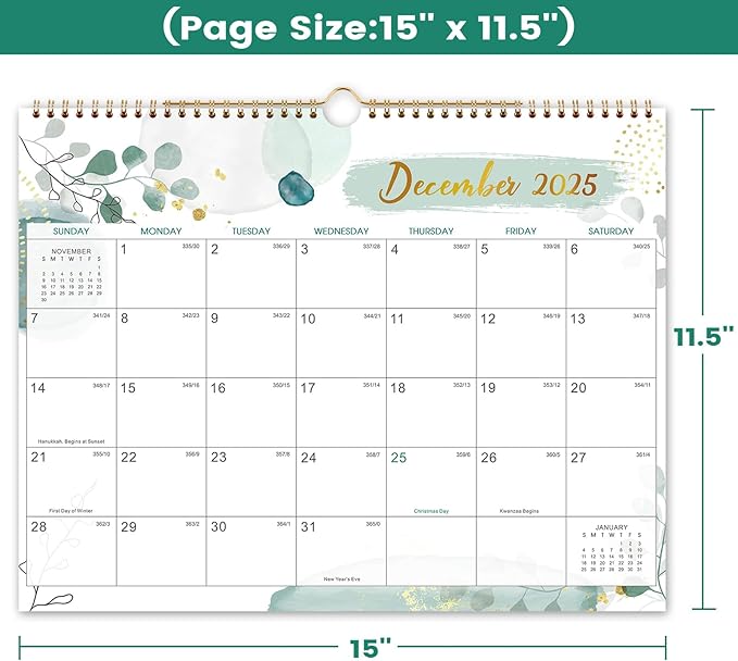 Wall Calendar 2025-2026 – Calendar 2025-2026, 11.5 x 15 In, July 2025 - December 2026, 18 Monthly Calendar, Large Block with Julian Dates, Thick Paper, Holidays, Hanging Hook, Twin-wire Binding
