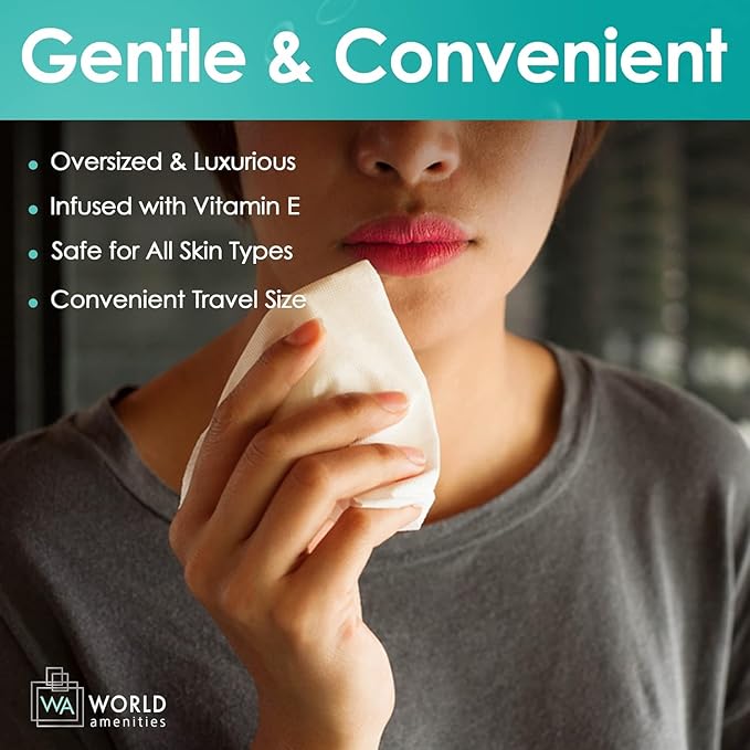 Bulk Makeup Remover Wipes | 500 Count| Individually Wrapped, Gentle Cleansing, Alcohol Free - All Skin Types - Vitamin E - 100% Recyclable, Hotel Travel Size Toiletries