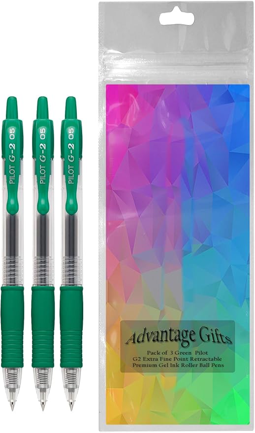 G2 Retractable Premium Gel Ink Roller Ball Pens Extra Fine Point (.5mm) Green Ink 3 pack; Refillable & Premium Comfort Grip Bundle with Plastic Reusable Pouch