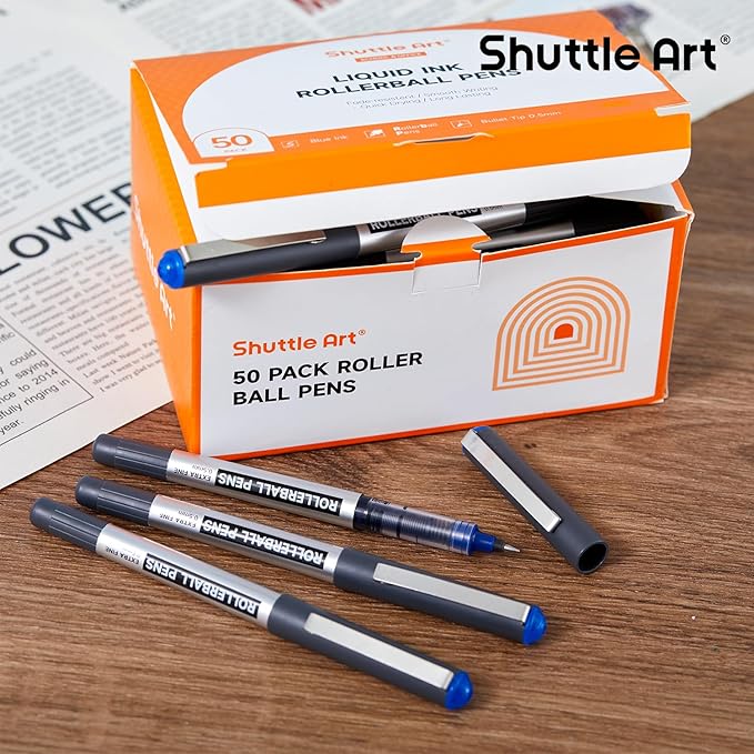 Shuttle Art RollerBall Pens, 50 Pack Blue Fine Point Roller Ball Pens, 0.5mm Liquid Ink Pens for Writing Journaling Taking Notes School Office