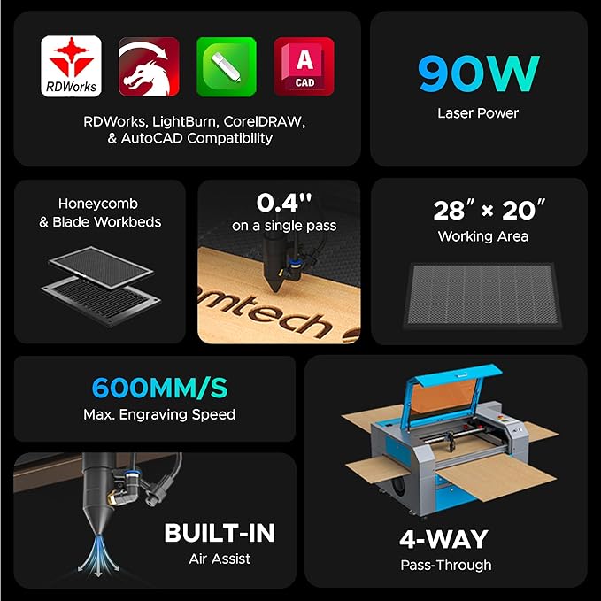OMTech 90W CO2 Laser Engraver, 28"x20" Cutting & Engraving Machine with Air Assist, 4-Way Pass, Caster Wheels, RDWorks, for Wood, Glass, Acrylic, Leather, Cardboard