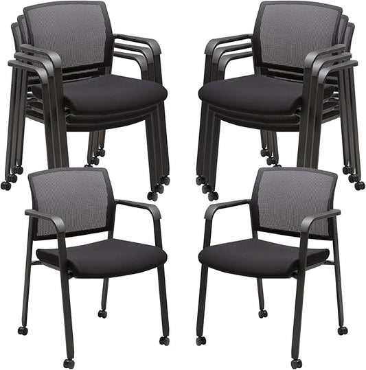 CLATINA Mesh Back Guest Reception Arm Chairs with Wheels, Waiting Room Chairs with Upholstered Fabric Seat and Ergonomic Lumbar Support for Office, 8PK