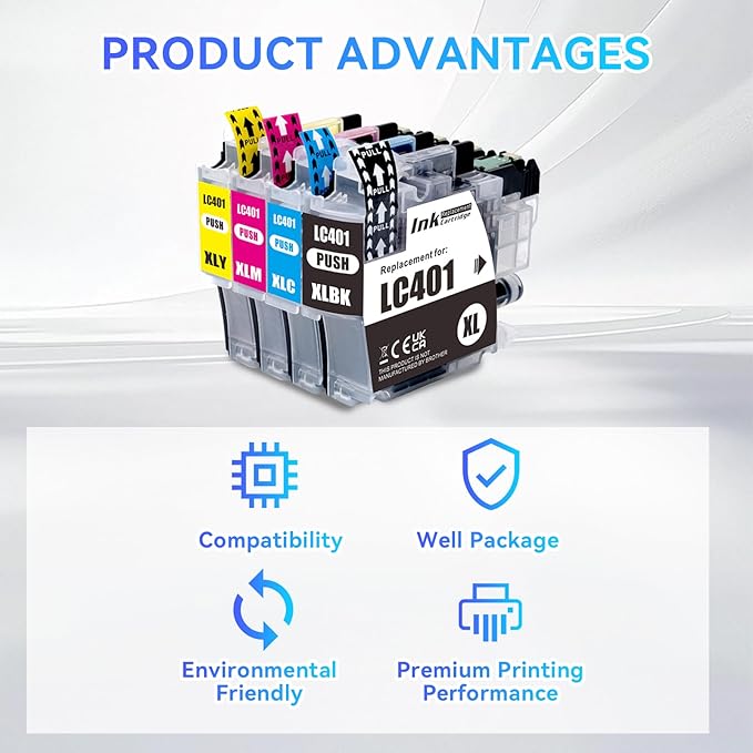 LC401XL Ink Cartridges for Brother Printer 4 Pack Work with Brother MFC-J1010DW MFC-J1012DW MFC-J1170DW Printer (1 Black, 1 Cyan, 1 Magenta, 1 Yellow)