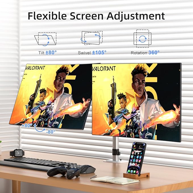 Suptek Dual Monitor Desk Mount, Adjustable Dual Monitor Arm for 2 Monitor Screens up to 38 inch, Extra Tall 15.75" Pole Monitor Stand for Desk, Holds up to 22 lbs,Silver(MD9442MS)