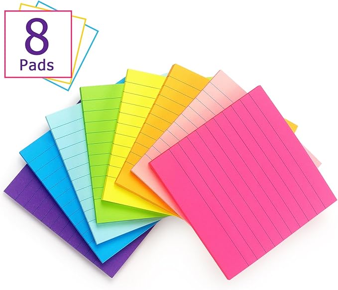Eastern Wolf 8 Pads Lined Sticky Notes 4x4 Sticky Notes with Lines Self-Stick Note Pads 8 Bright Multi Colors, 50 Sheet/Pad