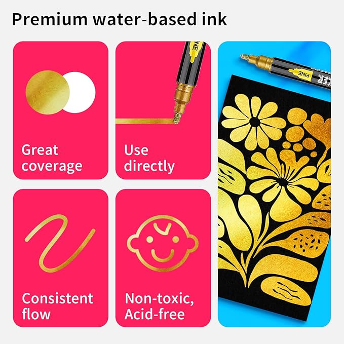NAWOD 3 Gold Acrylic Paint Pens Markers, Dual Tip (Fine 1mm + Dot 5mm), for Rock Painting Fabric Canvas Glass Wood Ceramic Paper Eggs, Fabric Marker Ideal for Labeling DIY Crafts Art Projects
