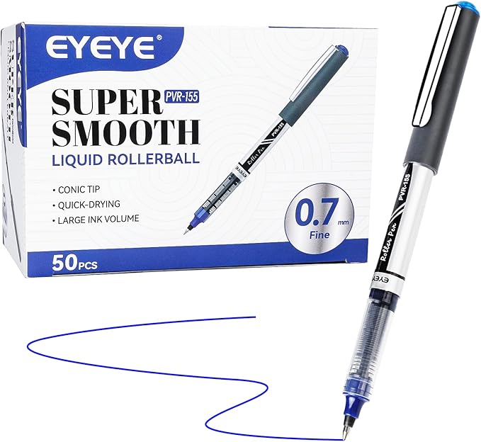 EYEYE 0.7mm Liquid Ink Blue Pens Roller Ball, 50 Pack Rollerball Pen Medium Point Quick Dry, Blue Ink Pens Fine Point Smooth Writing Pens for Journaling, Note Taking, Office and School Supplies