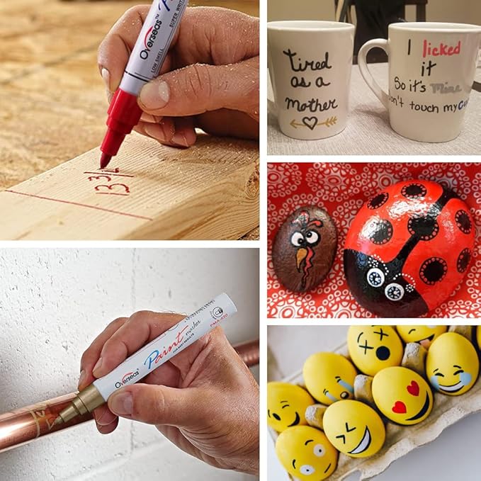 Overseas Permanent Paint Markers Pens - 3 Pack Gold Oil Based Paint Pens, Medium Tip, Quick Drying and Waterproof Marker Pen for Metal, Rock, Wood, Fabric, Plastic, Canvas, Mugs, Stone, Glass