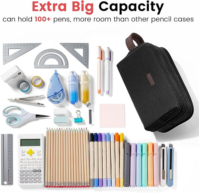 Sooez Large Pencil Case Pouch, Extra Big Pencil Pouch Pencil Bag with PU Handle & Zipper, Sturdy Pen Case with 3 Compartments, Aesthetic School College Supplies Organizer for Men Women Boys, Pink