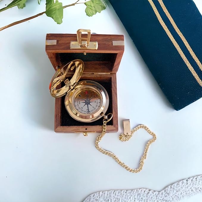 Vintage Brass Sundial Compass with Wooden Box - Antique Brass & Copper Sun Clock for Camping, Hiking, Touring - Engraved Gift for Him - Nautical Ship Replica Watch - Sundial Clock in Box