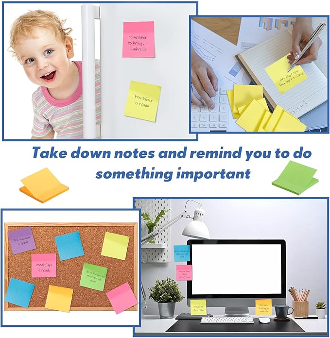 Leinuosen 102 Pack Sticky Notes 3 x 3 Inches Cute Sticky Notes Bright Colors Self Stick Pads Memo Easy to Post for Home Desk Office Notebook, Message Reminder, Stationary Supplies Office Supplies