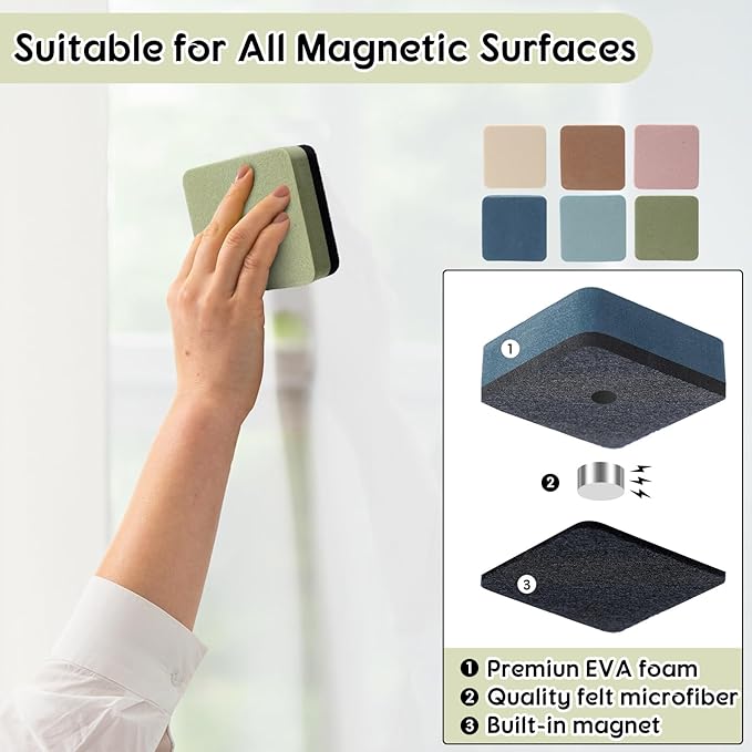 Marspark 48 Pack Mini Magnetic Whiteboard Eraser for Classroom Mini Dry Erase Board Erasers 6 Morandi Color Aesthetic Teacher Supplies Chalkboard Cleansers for School Classroom Office 2 x 2 Inch