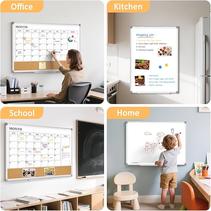 Large Dry Erase Calendar for Wall, 36"x24" Double-Sided Magnetic Whiteboard Calendar with Cork Board, Aluminum Frame Monthly White Board Memo Message Board for Office, Home, School, Kitchen