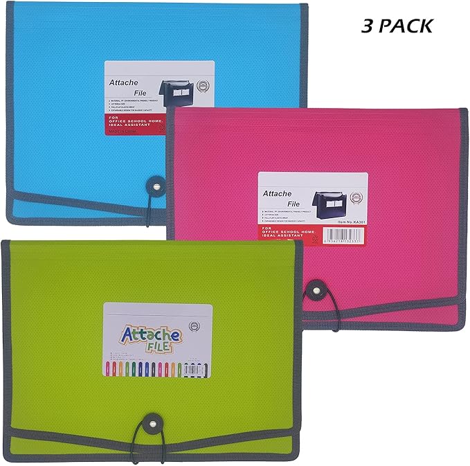 Expanding File Folder Document Organizer with Elastic Cord & Button Closure, Letter Size, 3.5" Expansion, Letter A4 Expandable File Folder for Home School Office Organization, 3 Pack