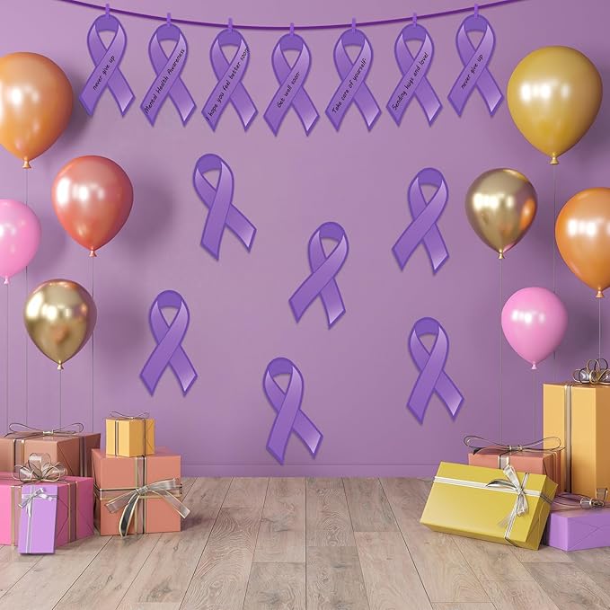Kosiz 100 Pack Large Purple Ribbon Set 100 Alzheimer's Awareness Cutouts 2 Marker Pens 100 Wooden Clips with Rope Domestic Violence Awareness Items for Purple Recovery Month Charity Supplies