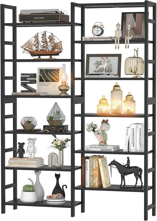 Homykic Double Wide Bamboo Bookshelf Black, 6-Tier Large Open Bookcase with 12 Display Shelves, 6ft Tall Freestanding Book Shelf for Home Office, Bedroom, Living Room, Plants