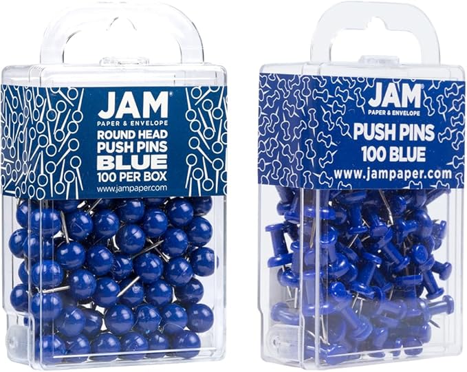JAM PAPER Colorful Push Pins - Flat & Round Head Thumb Tack Combo Set - Blue Pushpins - 200/Pack