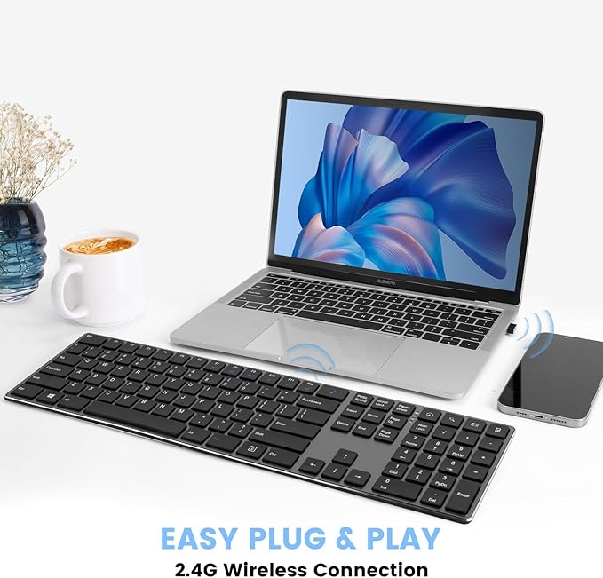 K01R Wireless Keyboard, 2.4G Slim and Compact Wireless Keyboard with Numeric Keypad, Long Battery Life, Lag-Free for PC Laptop Computer Windows, Space Grey
