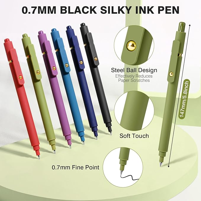 TINNIVI Gel Pens, 6 Pack 0.7mm Fine Point Black Ink Pens with 6 Refills, Quick Dry & No Smear, Smooth Writing Pens for Journaling, School, Office Supplies, Gifts for Women and Men