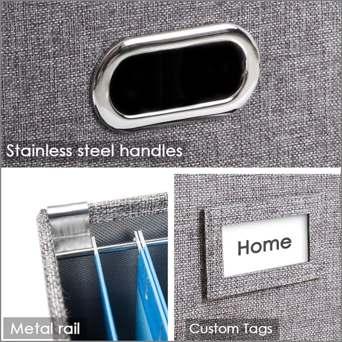 PRANDOM File Organizer Box - Set of 1 Collapsible Decorative Linen Filing Storage Hanging File Folders with Lids Office Cabinet Letter Size Grey (14x9.3x10.8 inch)
