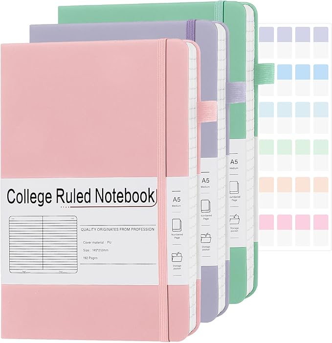 A5 Lined Journal Notebooks for Work, 192 Pages, Medium 5.7 x 8.3inch, College Ruled, Vegan Leather Hardcover Journals for Women Men,3 Pack