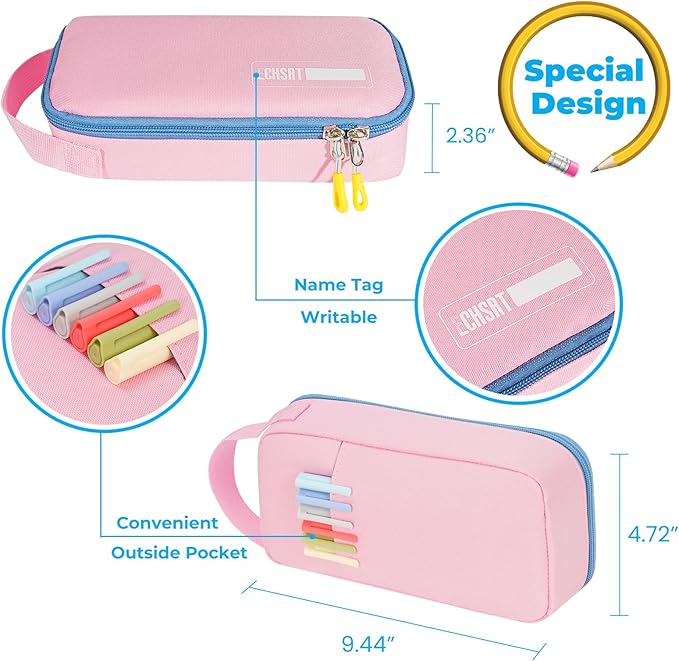 ECHSRT Big Pencil Case, Aesthetic Portable Zipper Pencil Bag with Hidden Pocket, Special Pouch for Men Women Adults, Stationery Organizer Pen Cases for Office Travel, Pink
