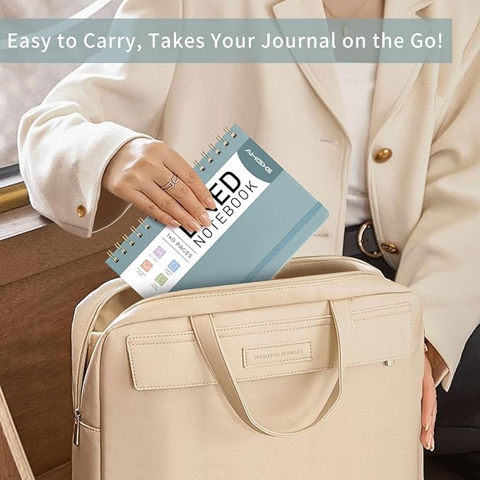 AHGXG Lined Spiral journaling notebooks With Numbered Pages, Hardcover Leather College Ruled Notebook 5.7" x 8.3" A5, light ivory Paper, Notebooks for School Work, Journals for Women,GrayBlue