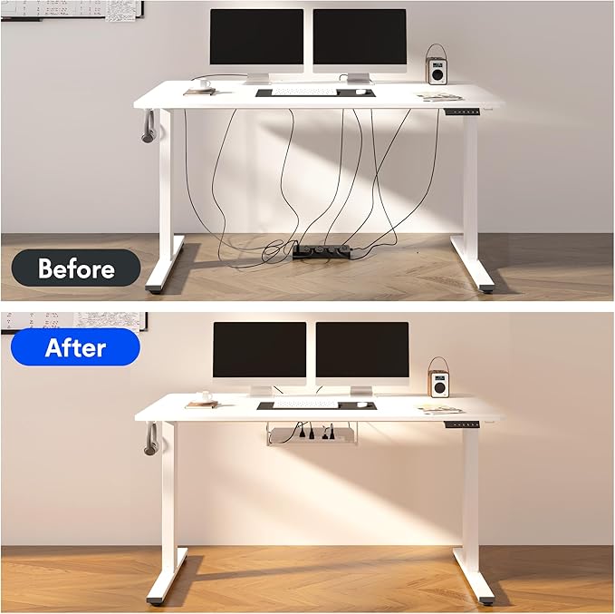 FLEXISPOT EN2 Whole-Piece Standing Desk with Clamp Power Strip, 48 x 24 Electric Stand Up Height Adjustable Desk with Cable Management (White Frame + 48" Gray Wood Grain Desktop, 2 Packages)