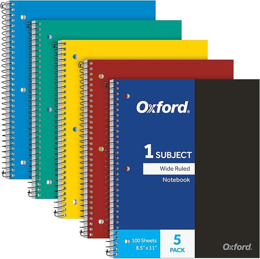 Oxford 1 Subject Spiral Notebook, Notebooks for School, Plastic Covers, Back to School Supplies, Wide Ruled, 100 Sheets, 5 Pack, Assorted Primary Colors: Black, Blue, Red, Green and Yellow (1009290)