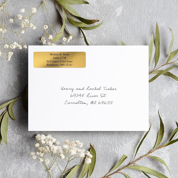 Gold Foil Personalized Return Address Labels with Elegant Dispenser - Roll of 500 Custom Stickers