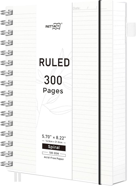 RETTACY Spiral College Ruled Notebook, 300 Pages, A5 Medium Size (5.7" x 8.2"), for School, Work, Writing, Journaling, 100 GSM Thick Paper, Flexible Plastic Cover (Transparent)