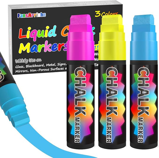 FansArriche Jumbo Window Markers, 3 Pack 15mm Neon Chalk Pens, Liquid Chalk Bright Car Marker, Chalkboard Markers for Windows, Blackboard, Glass, Signs, 3-in-1 Nib