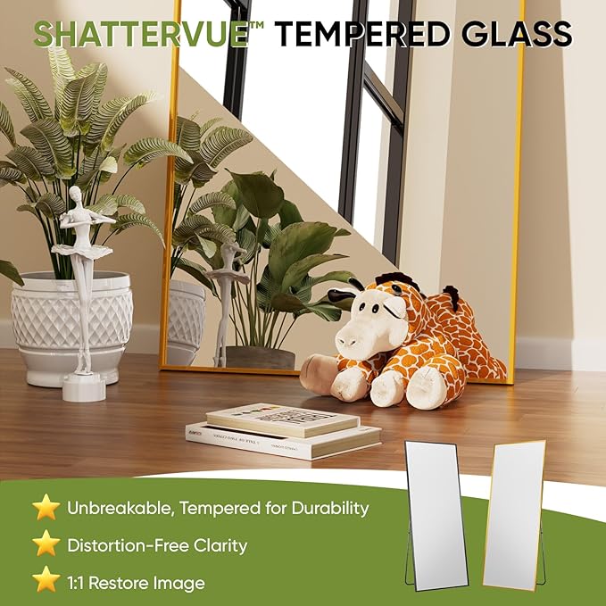 Full-Length Floor Mirror with Stand, 71"x28" Rectangle Style Full Body Standing Mirror for Bedroom, Living Room, Gym, Dorm - Shatter-Resistant & Easy Assembly, Gold
