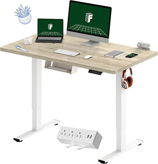 FLEXISPOT EN2 Whole-Piece Standing Desk with Clamp Power Strip, 48 x 24 Electric Stand Up Height Adjustable Desk with Cable Management (White Frame + 48" White Wood Grain Desktop)