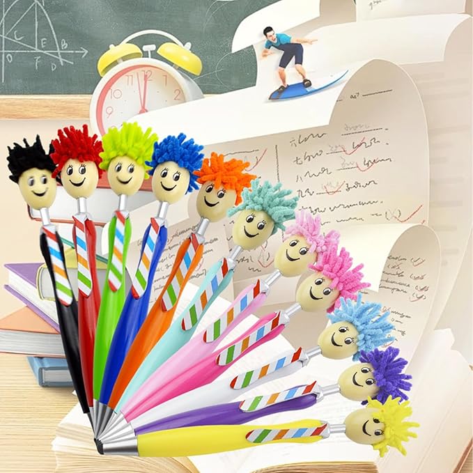 11pcs Mop Head Pens, Top Mop Fun Tip Pens, Funny Plush Hair Top Ballpoint Pen, Writing Click Pens, Mophead Ballpoint Pens, Signing Pens Office Gifts for Christmas, Back to School, Birthday