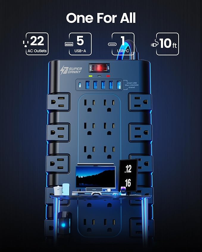 Extension Cord 10 Ft, SUPERDANNY Power Strip Surge Protector with 6 USB Charging Ports and 22 AC Outlets, 1875W/15A, 2100 Joules, Flat Plug Power Outlet for Home, Office, Dorm, Gaming Room, Black