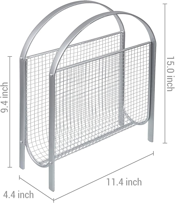 MyGift Mid-Century Design Magazine Rack, Matte Black Tone Metal Mesh Freestanding Magazine Organizer Holder Sling (Silver)