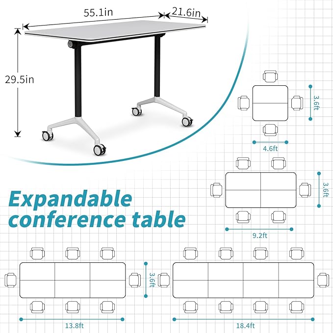 Folding Conference Table, Modern Conference Room Tables with Flip-Top Design, Foldable Conference Table Meeting Table with Wheels, Mobile Seminar Training Tables for Office Classroom (8, White 2)