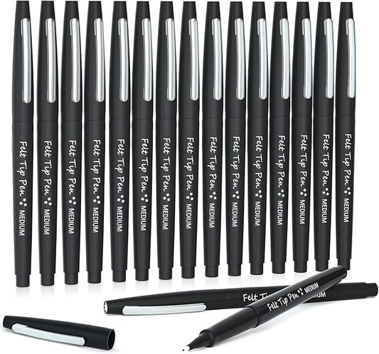 Lelix Felt Tip Pens, 15 Black Pack, 0.7mm Medium Point, Felt Tip Markers Pens for Journaling, Writing, Note Taking, Planner, Perfect for School Office and Art Supplies