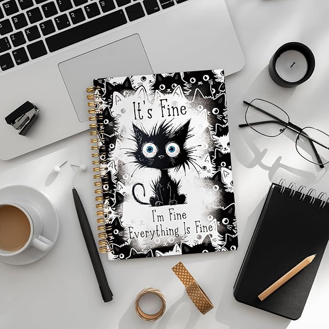Funny Cat Journal Spiral Notebook for Teen Girls, Cute Notebooks for School Aesthetic, Cat Lover Gifts for Women Men, It's Fine I'm Fine Everything is Fine, cat notepad 5.5x8.3 Inch